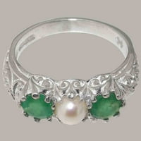 Британски направени стерлингови сребърни култивирани перли и изумрудени женски юбилеен пръстен - Опции за размер - размер 10.25