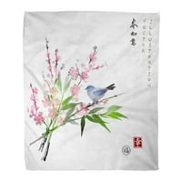 Хвърлете одеялото топло уютно печат фланелен сакура в цветен бамбуков клон и малка синя птица върху бяло традиционно удобно меко за диван и диван в леглото