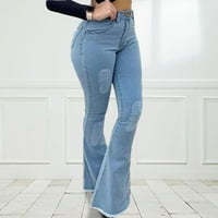 pxiakgy панталони за жени дънки цвят класически панталони със солидна камбана за женски еластични дънкови джобове панталони тъмно синьо + m