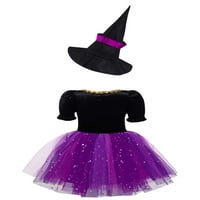 Деца момичета вещица Косплей рокля Хелоуин тематична парти магьосница костюм Glitter Mesh Tutu рокля с заострена шапка Purple & Rose Red 12