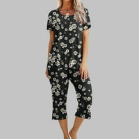 Pitauce Pajamas за женски комплект, съвпадащи салони комплекти с къс ръкав кръгла шия пуловер на туника и широк крак каприс спален костюм