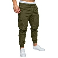 Мъжки товарни панталони Големи прилепват плътни цветове с теглене на еластична талия с дълги панталони с многопокети памук модни джоги спортни панталони зелени xxxl