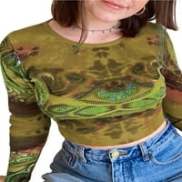 wybzd жени графичен печат с дълъг ръкав риза отгоре върхове винтидж е-момиче тънък приготен блуза улични дрехи