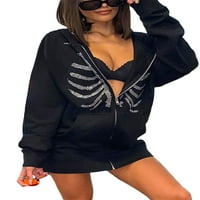 Kiapeise дамски скелет цип качулки Rhinestone Графичен огромен пуловер Суитчър готово яке с джобове