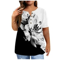 Qcmgmg дами плюс размери върхове с къс ръкав с тениски за шия за жени за жени свободни годни флорални свободни монтирани ризи за жени дамски рокли блузи бели XL