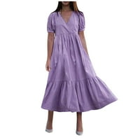 Женски рокли женски бохо рокля ваканция v-образно деколте с късо ръкав от печатната рокля от средна дължина Purple 2xl