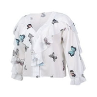 Wassery жени бутон надолу Ruffle Chiffon Rish Solid Color Letter Butterfly Plant Print V-Neck Long Loweve Blouse Casual Classic Classic Thrish Boho Tops