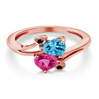 Gem Stone King 1. Ct Swiss Blue Topaz Pink Създаден сапфир 18K розово злато, покрито сребърен черен диамантен пръстен