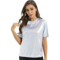 Msemis женски блестящи метални холографски блуза за къси ръкави танцово облекло