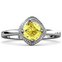 Жълт сапфир и диамантен ореол годежен пръстен с Milgrain Work 1. CT TW в 14K бяло злато