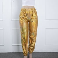 Женски метални лъскави джогинг ежедневни холографски цветови улични дрехи панталони хип -хоп модни гладки еластични панталони Диско танцово облекло, злато & m