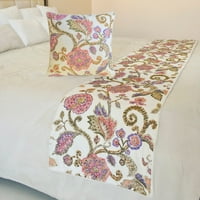 The HomeCentric King Queen Twin White & Pink Designer Queen 74 x18 Бегач на легла без капак за възглавници, флорален, отпечатан, пайети, мъниста, бродерия и ръчно изработен шал за легло върху памучен плат