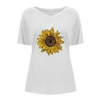 Ханас върти женски тениска с тениска с v-образно слънчогледов принт пуловер Небрежно късо ръкави, бял XL