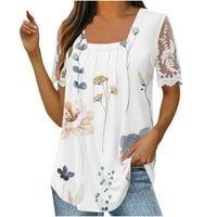 Дамски ласкателни флорални блуза квадратна шия с къси ръкави ризи лято върха тиники тениски бял xxl