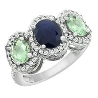 10k бяло злато естествено синьо сапфир и зелен аметист 3-каменни пръстен Овален диамантен акцент, размер 9.5