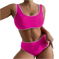 Женски дантели с висока талия бикини къси панталони + без гръб солидни бикини върхове секси летни плажни дрехи бански костюми горещо розово l