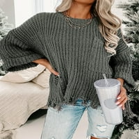 Arainlo Womens кръгла шия с дълъг ръкав кабел плетен пуловер разкъсан затруднено пуловер плетен пуловер с пуловер с твърд цвят пискюл подгъваем джъмперни върхове с джоб