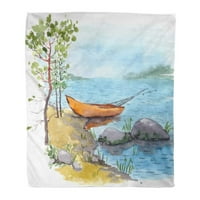 Хвърлете одеяло топло уютно печат фланелен акварелен живопис на банково езеро Рибар Риболовни лодки Руд в него удобно меко за диван и диван в леглото