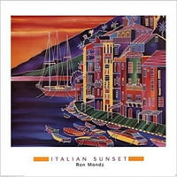 Италиански залез от Ron Mondz Art Print Poster Colorful Abstract Design Coastal Boat Док цветни сгради